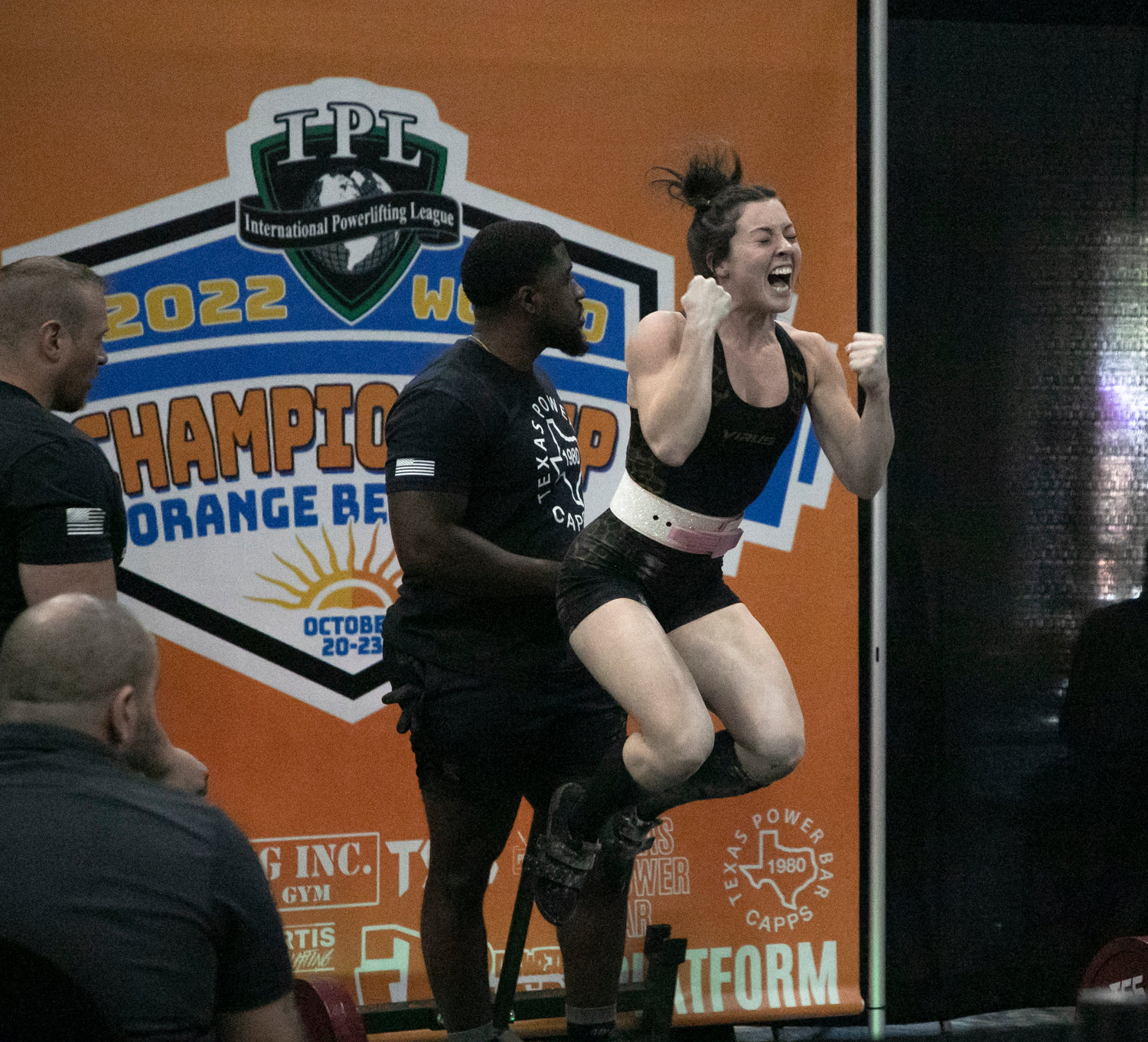 Heather Grimes celebrates her final-attempt clearance on the deadlift of 303.1 pounds (137.5 kg) at the IPL World Championship meet at the Orange Beach Event Center Oct. 20.