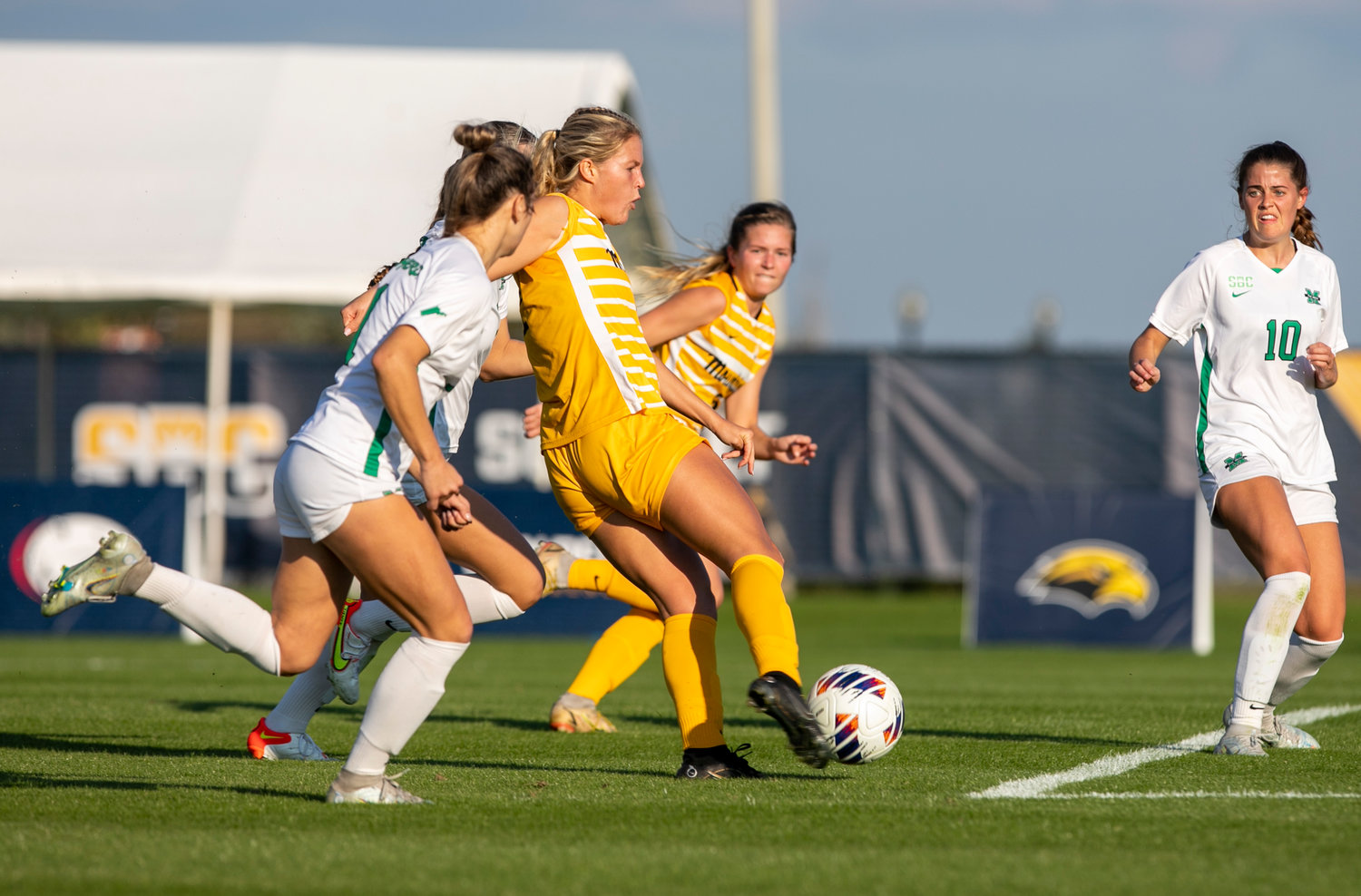 Appalachian State junior Izzi Wood connects on a shot during the first game of the Sun Belt Conference Championship at the Foley Sports Tourism Complex Monday afternoon, Oct. 31. For the seventh season, the conference will crown a women's soccer champion in Foley.