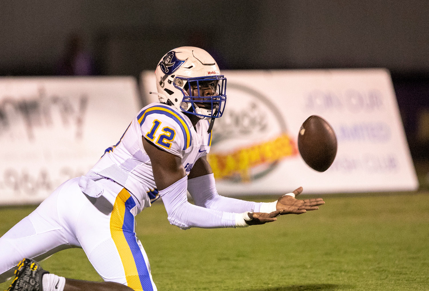 Fairhope’s Lashavion Brown eyes an errant pass near the end zone during the Pirates’ Class 7A Region 1 contest against the Daphne Trojans on the road Oct. 7. Brown and the Fairhope defense helped clinch a sixth consecutive playoff berth for the Pirates.