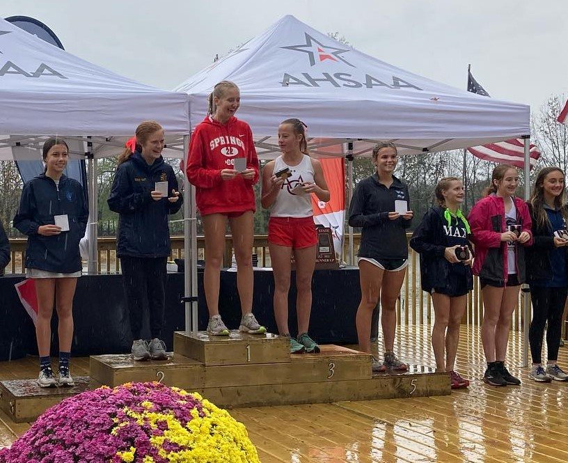 Bayshore Christian’s Allie McTaggart (fourth from right) earned a podium finish and all-state distinction for the Lady Eagles at the AHSAA Class 3A state championship meet Saturday afternoon in Oakville.