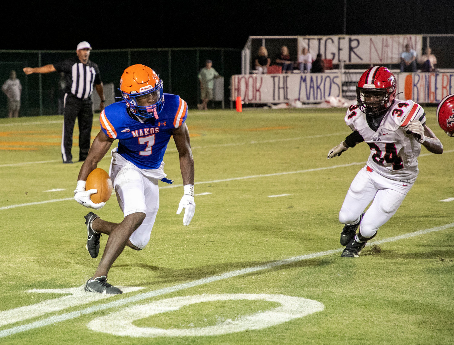 Orange Beach junior Chris Pearson sets up a block on a kickoff return in Class 4A Region 1 action between the Makos and T.R. Miller Tigers Sept. 16 at the Orange Beach Sportsplex. Pearson scored in all three phases last Friday in the Makos’ second home playoff game.