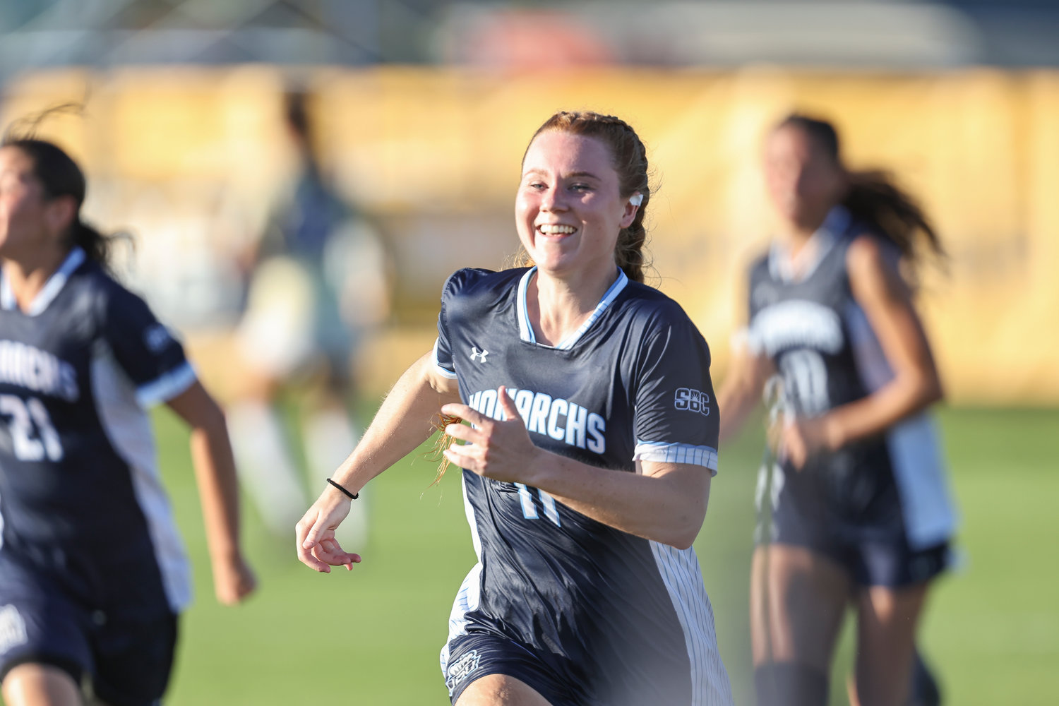 Old Dominion senior Carla Morich celebrates one of her three goals she scored in the Sun Belt Conference Championship game against the James Madison Dukes Sunday, Nov. 6, at the Foley Sports Tourism Complex. Morich, a forward from Hamburg, Germany, was named the tournament’s Most Outstanding Player.