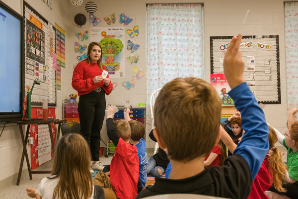 Ashton Knapp goes over letter sounds in her kindergarten class at Stonebridge Elementary.
