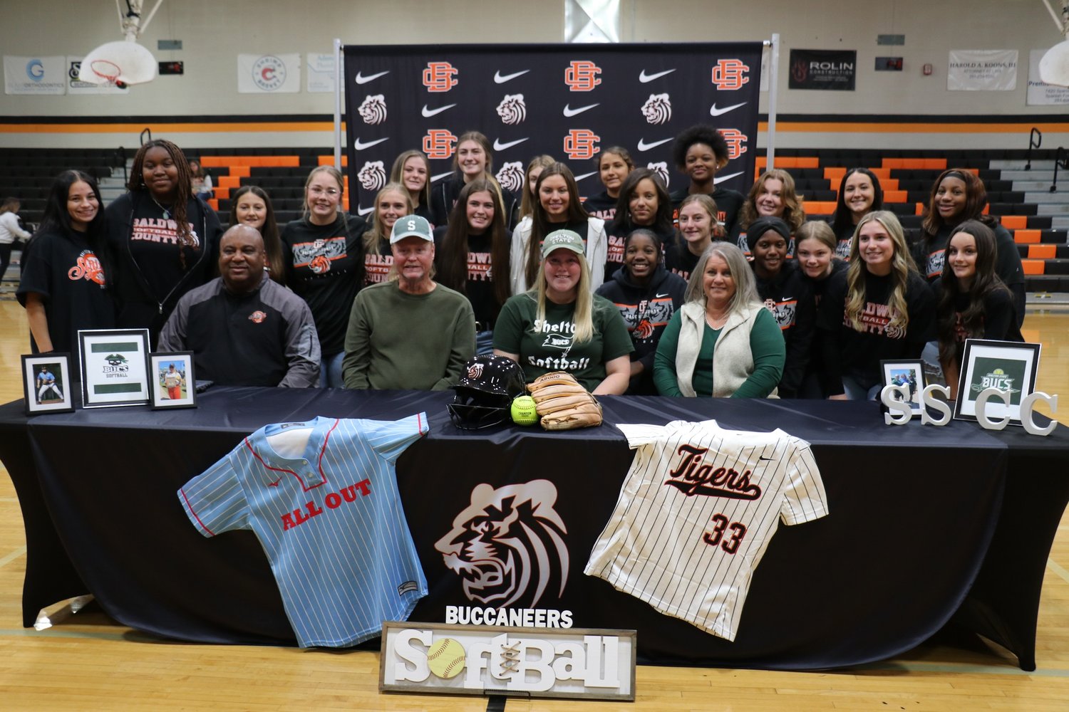 Classmates and teammates of Aspen Gerald showed their support at Friday’s signing ceremony where Gerald cemented the commitment she made to Shelton State softball Oct. 27. The Lady Tigers will be looking for a repeat trip to the state tournament this spring.