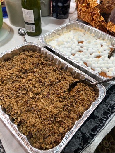 Melanie LeCroy makes sweet potato casserole each year. Sometimes two batches like above and sometimes half with crumble and half with marshmallows.