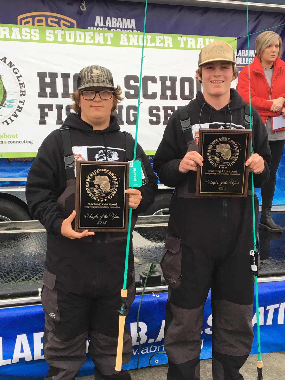 James Travis and Jameson Norris collected their Angler of the Year trophies after the season finale of the Wiregrass Student Angler Trail on Lake Eufaula Saturday, Nov. 19. They caught 20 total fish for 38.92 total pounds and 1,187 points on the season.