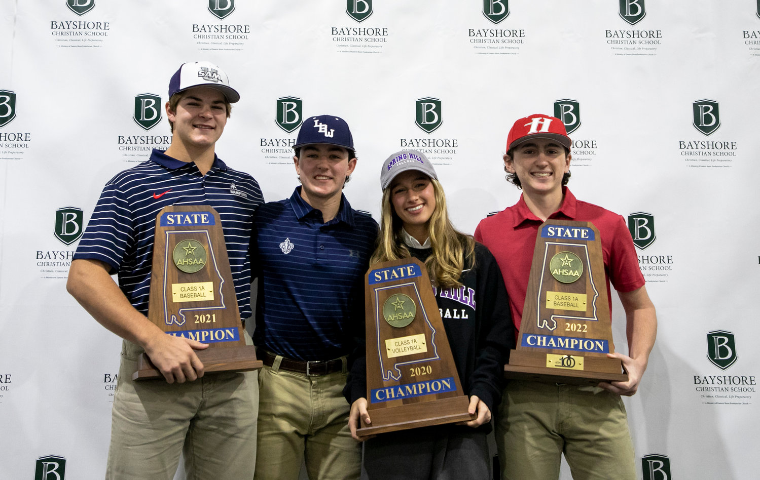 State champions and all-state athletes were recognized Wednesday afternoon at Bayshore Christian School with a signing ceremony. John Malone (Samford), Streed Crooms (Lurleen B. Wallace), Ashlyn Whiteside (Spring Hill) and Mikael Bryant (Huntingdon) made up the Eagles’ largest athletic signing class in school history.