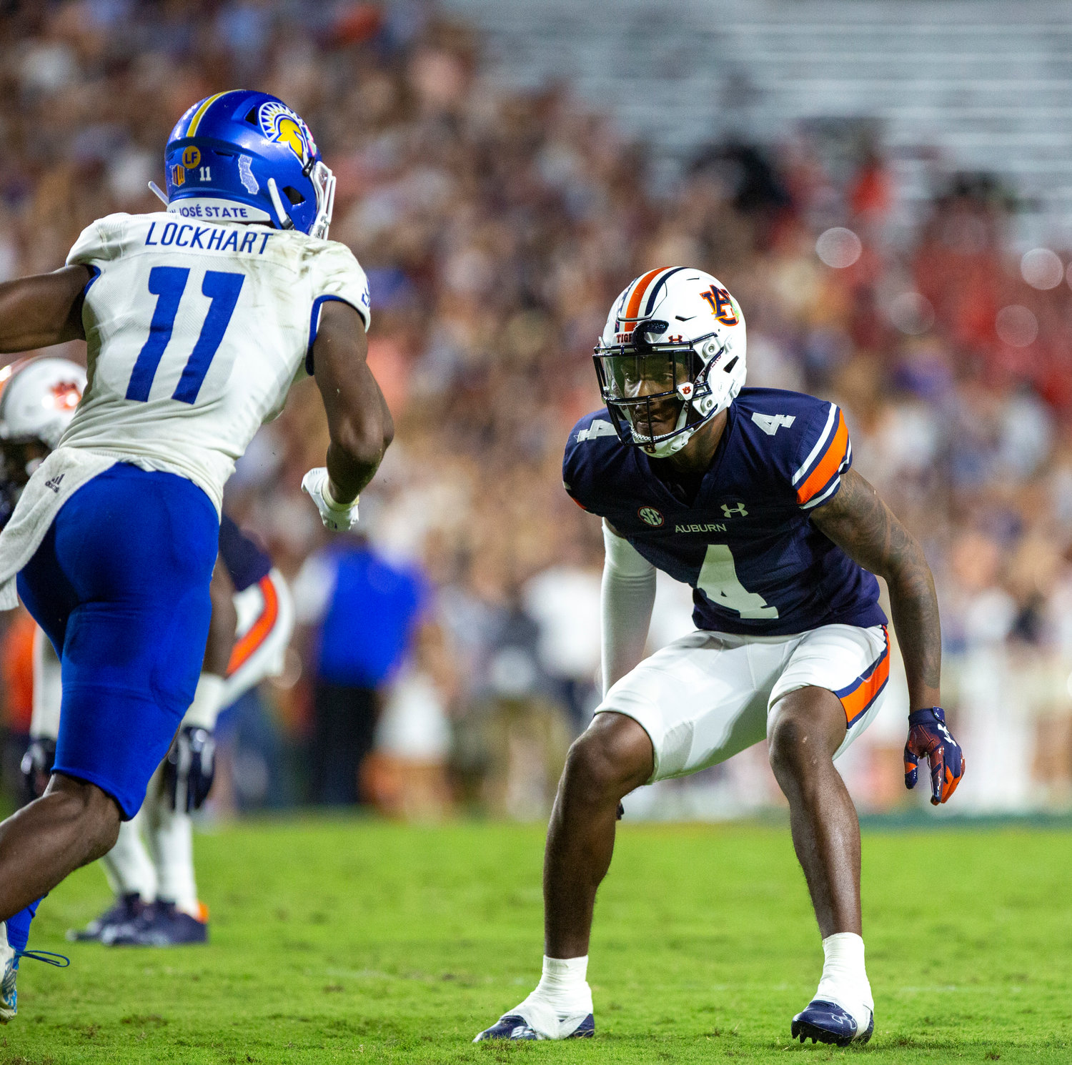 Auburn cornerback DJ James follows the release of San Jose State’s Justin Lockhart during the Tigers’ home opener against the Spartans Sept. 10 at Jordan-Hare Stadium in Auburn. James was one of three Tigers named all-conference after he racked up a career-high 8 pass breakups this season.