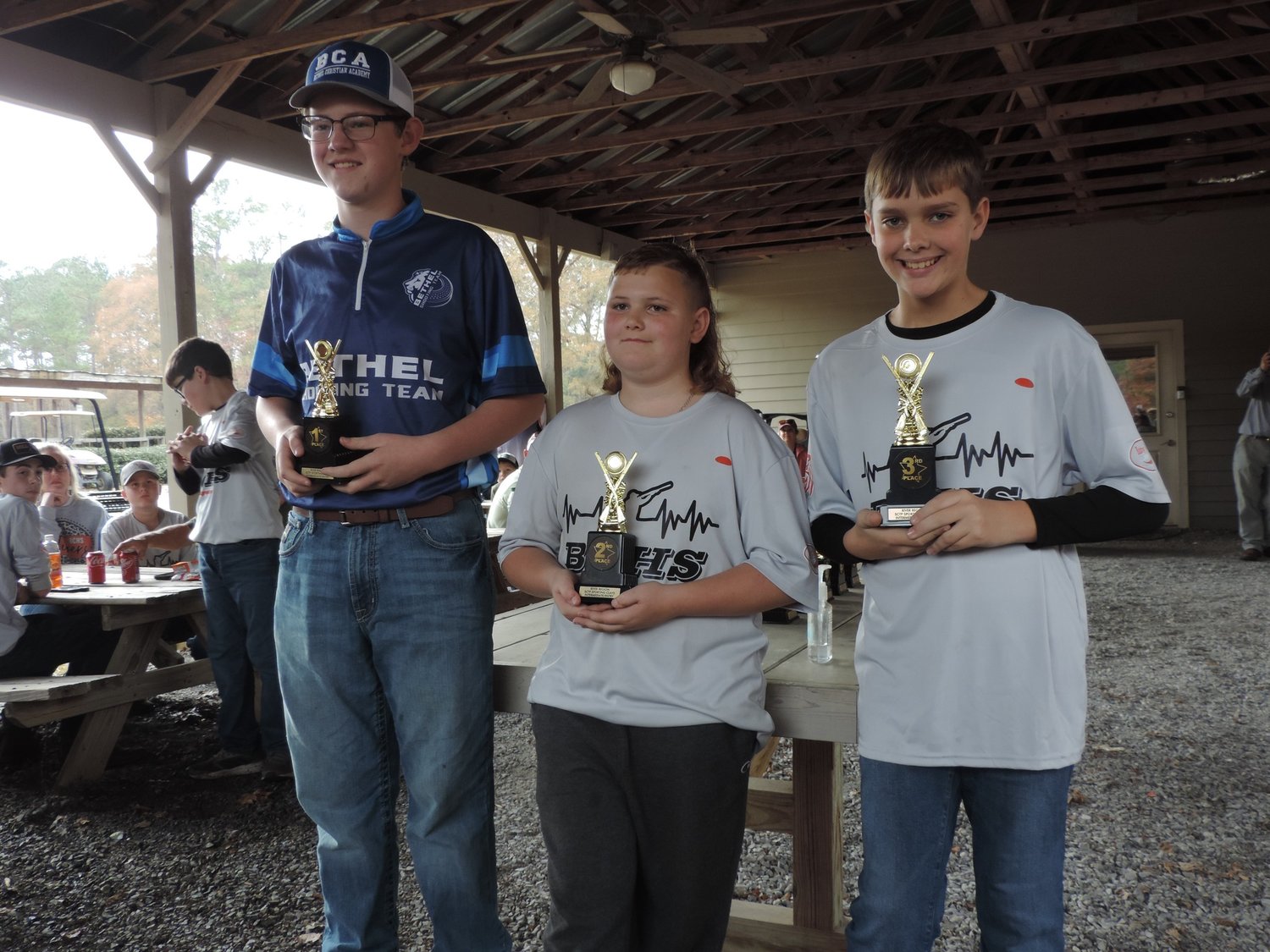 BCHS Sporting Clays team members finished in second and third place in the Intermediate Entry. The top three included, from left, first place, Jake Spann (Bethel); second place, Corbin Crysell (BCHS); and third place, Brennan Parker (BCHS).