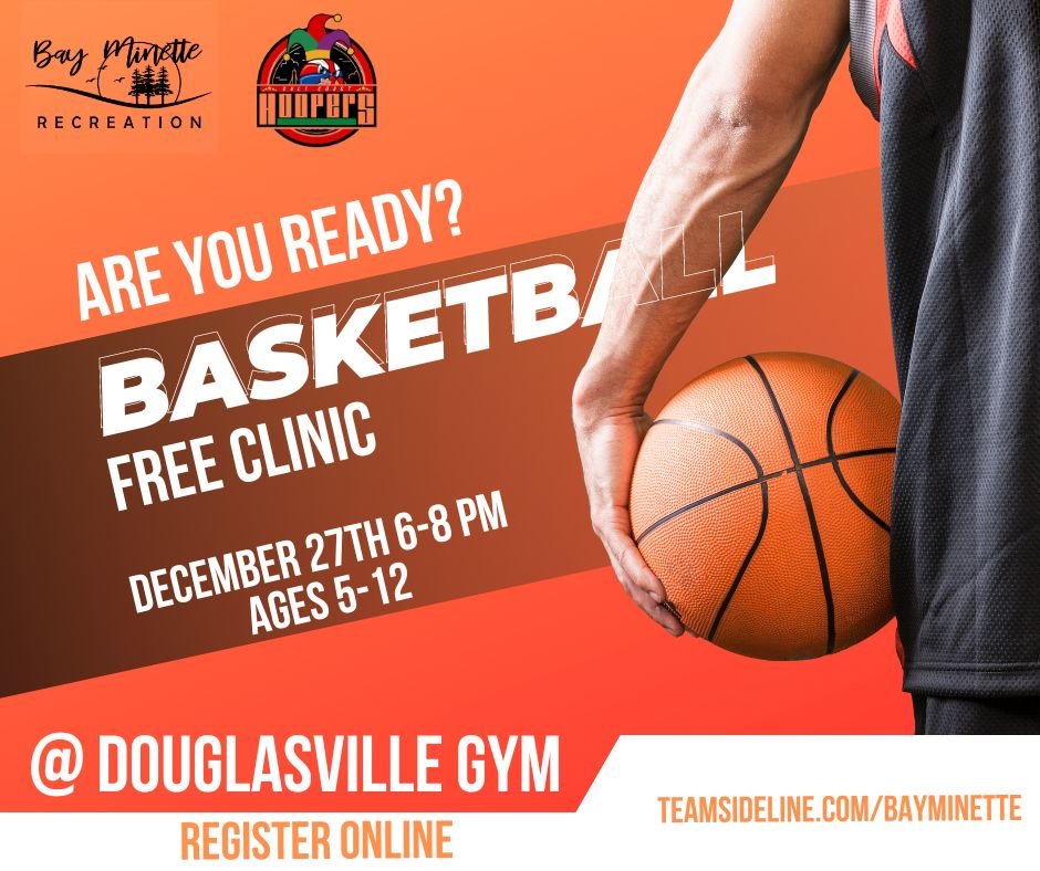 Gulf Coast Hoopers and the Bay Minette Recreation Department are once again teaming up to host a free basketball clinic Dec. 27 at the Douglasville School of Arts for youth ages 5-12. Visit teamsideline.com/bayminette to register and call 251-580-2546 for more information.