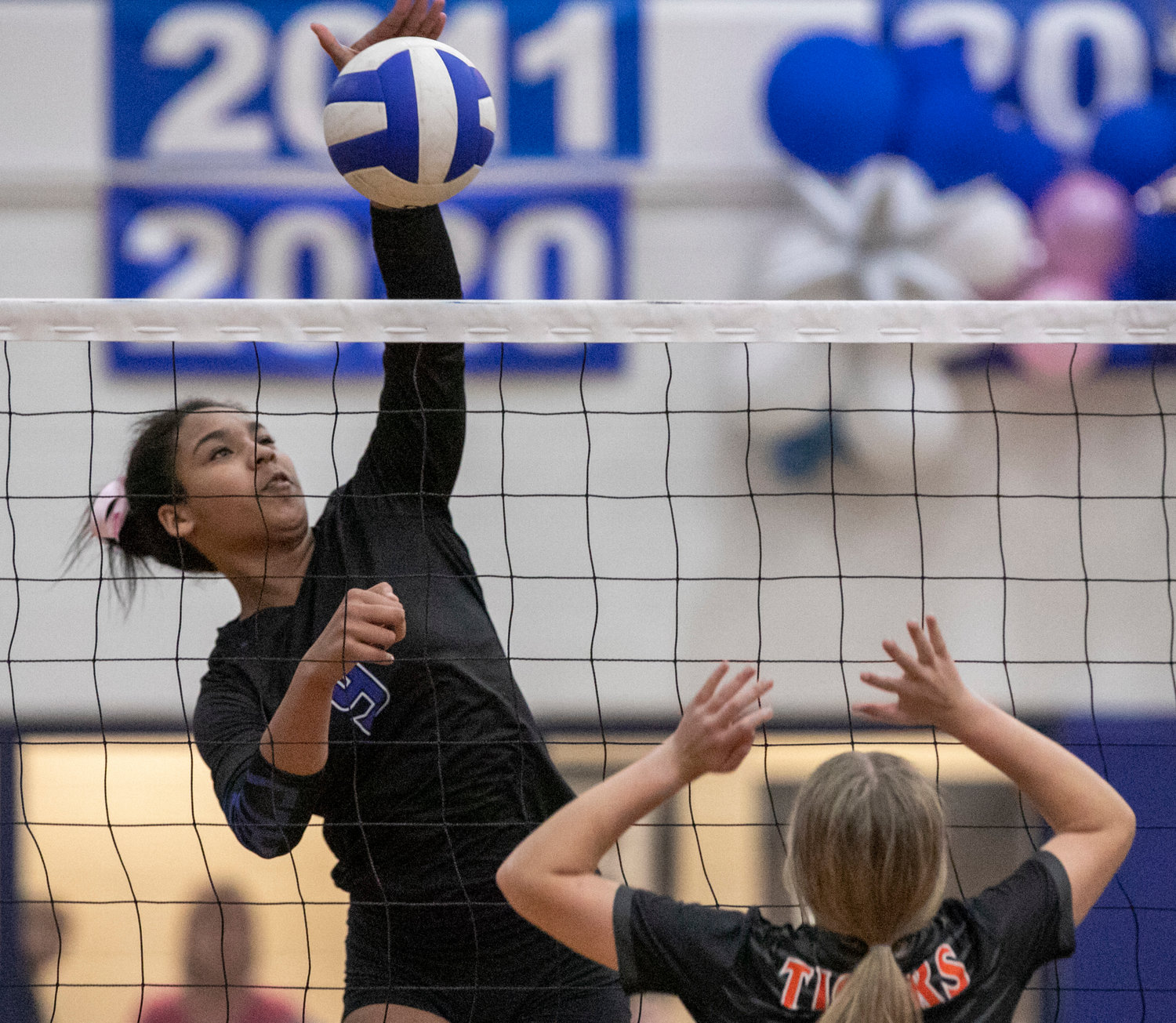 Bayside Academy freshman Haley Robinson spikes an attack at the net during the Admirals’ Class 6A Area 2 Tournament contest against the Baldwin County Tigers Oct. 13 in Daphne. The outside hitter was named to MaxPreps’ Underclass All-America team as a second-team hitter.