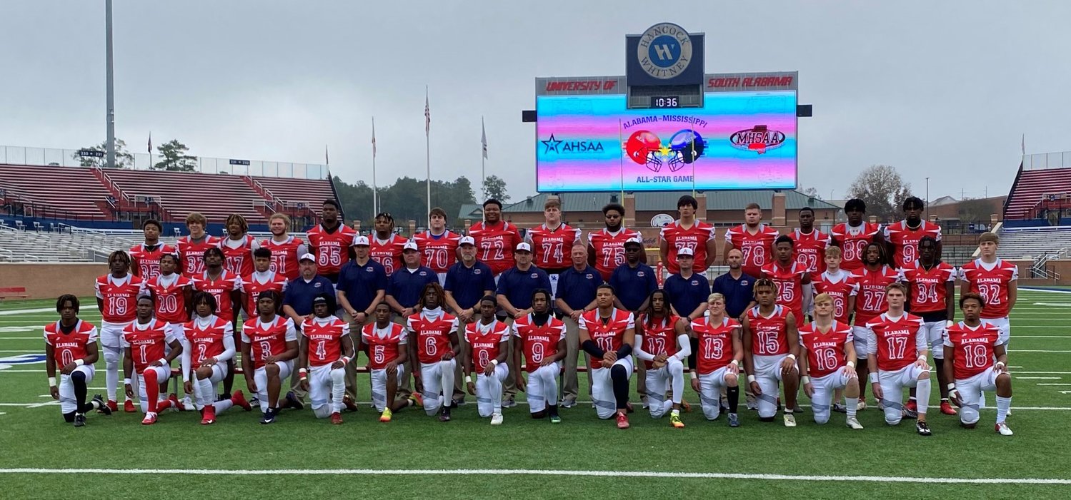 The team photo from the 36th annual Alabama-Mississippi All-Star Classic played at South Alabama’s Hancock Whitney Stadium in Mobile Saturday, Dec. 10. Foley’s Harrison Knight, third from right in third row, was the Lions’ 22nd overall selection to the border war all-star game.