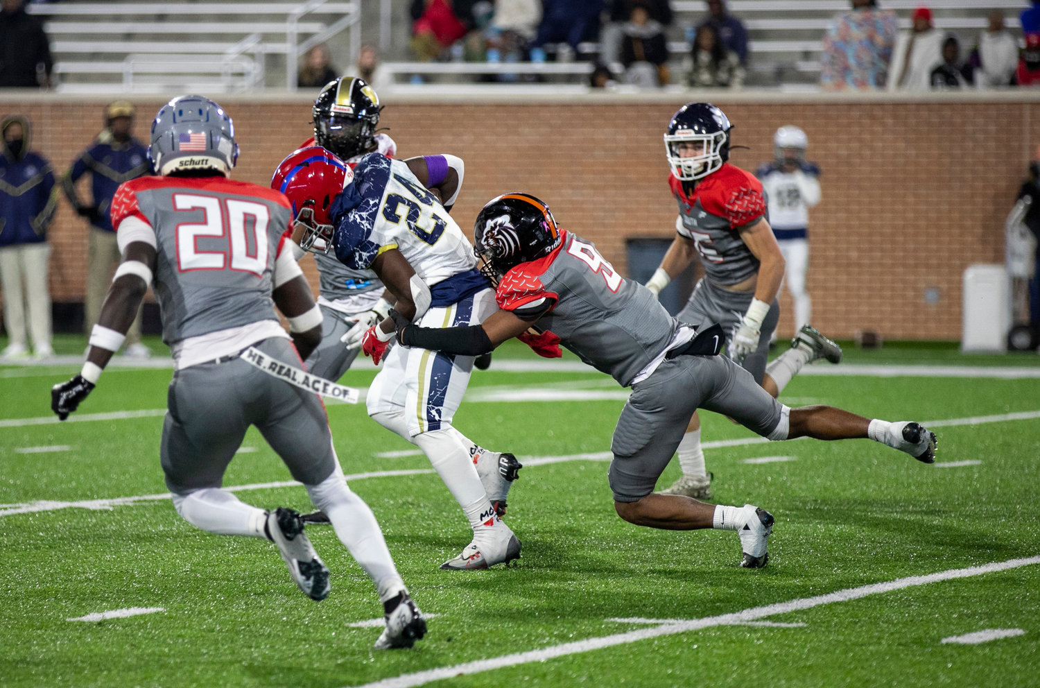 Baldwin County’s DJ Jackson pulls down a North All-Star ballcarrier during Friday’s North-South All-Star game at the University of South Alabama. Jackson provided a tackle to the defensive shutdown that earned a 42-7 win.