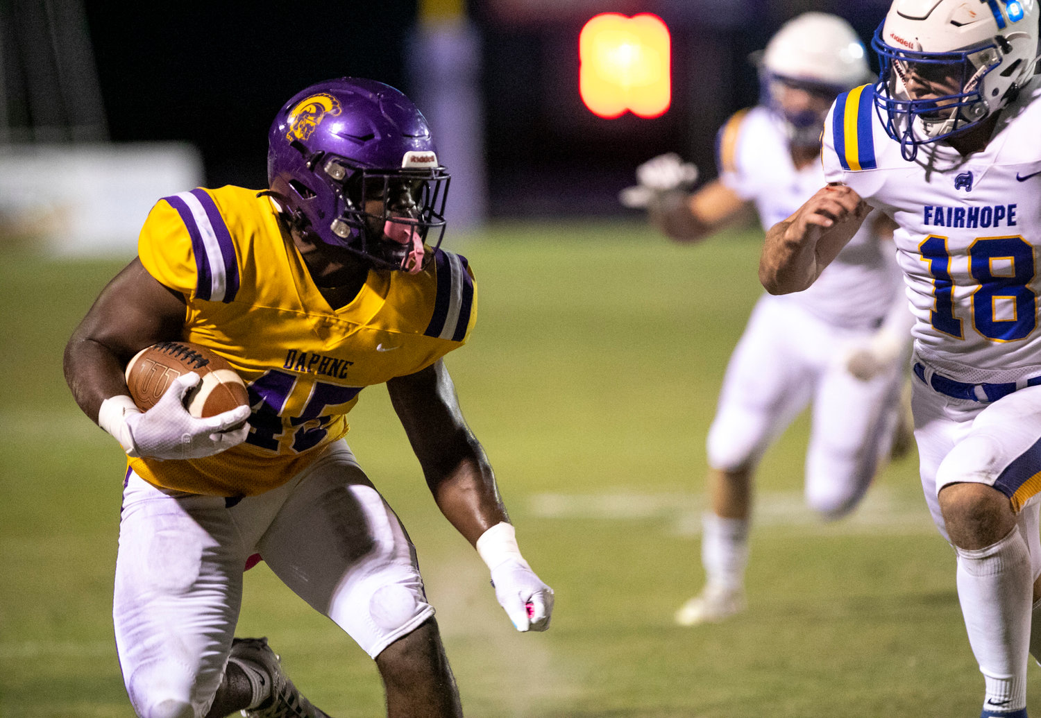 Daphne’s Nick Clark finishes a first-half run against the Fairhope Pirates in region action Oct. 7 at home. Clark eclipsed 1,000 yards rushing and was an all-state honorable mention in his senior season.