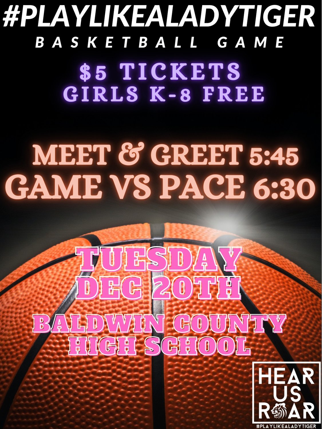 Baldwin County High School is hosting a Play Like a Lady Tiger showcase before tonight’s girls’ basketball game against Pace. Future female student-athletes have the opportunity to meet and talk with current Lady Tigers at 5:45 p.m. before the 6:30 p.m. tipoff.