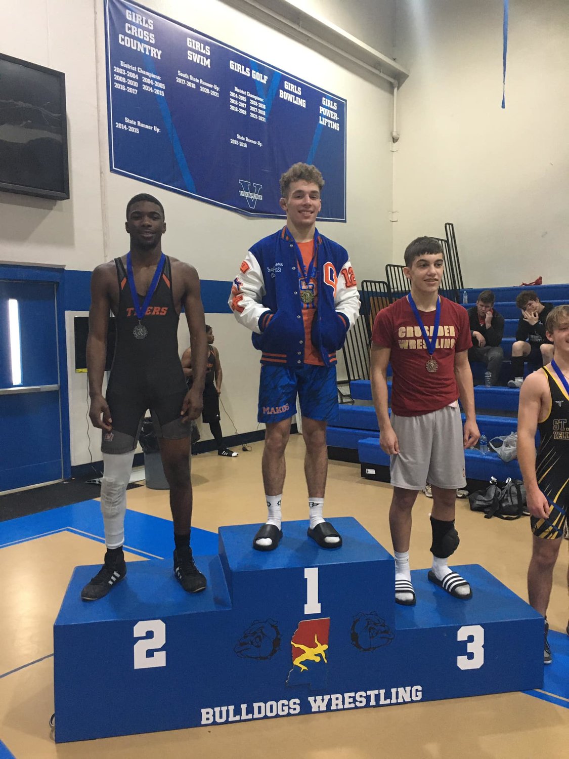 Baldwin County’s Joaquin Crook finished second in the 132-pound varsity division last Friday, Dec. 16, at Vancleave’s Bulldog Brawl in Mississippi. His was one of six podium finishes for Tiger wrestlers in the varsity brackets.