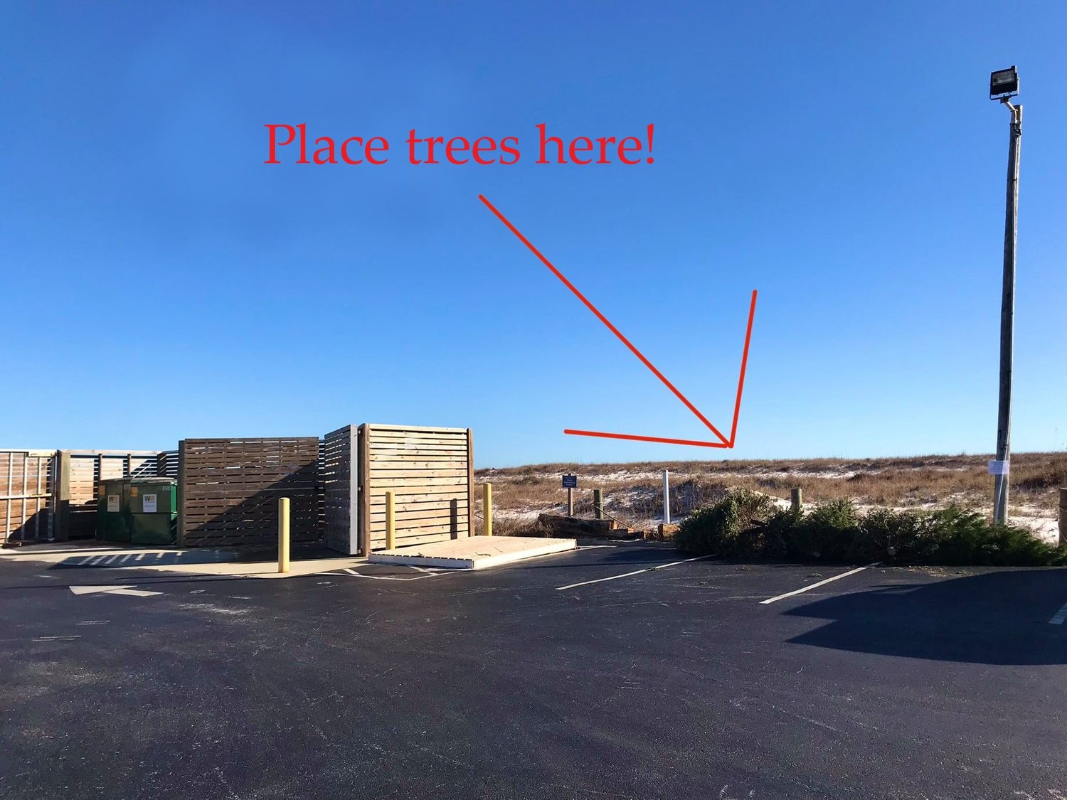 Gulf State Park staff request trees be deposited at the southeast end of the Gulf State Park Beach Pavilion parking lot near the dumpsters. Do not block the dumpsters.