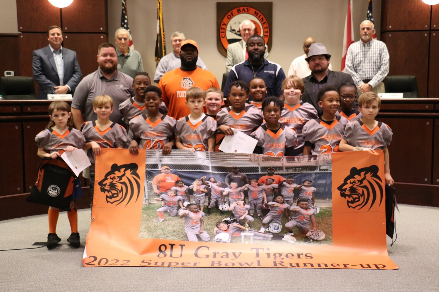 Bay Minette’s 8U Grey team was honored at the Dec. 5 council meeting after they reached the Super Bowl in the Baldwin County Youth Football Association and finished with an 8-3 overall record. Pete Watson served as head coach and Dillon Goins and Marcello Palmer are assistant coaches.