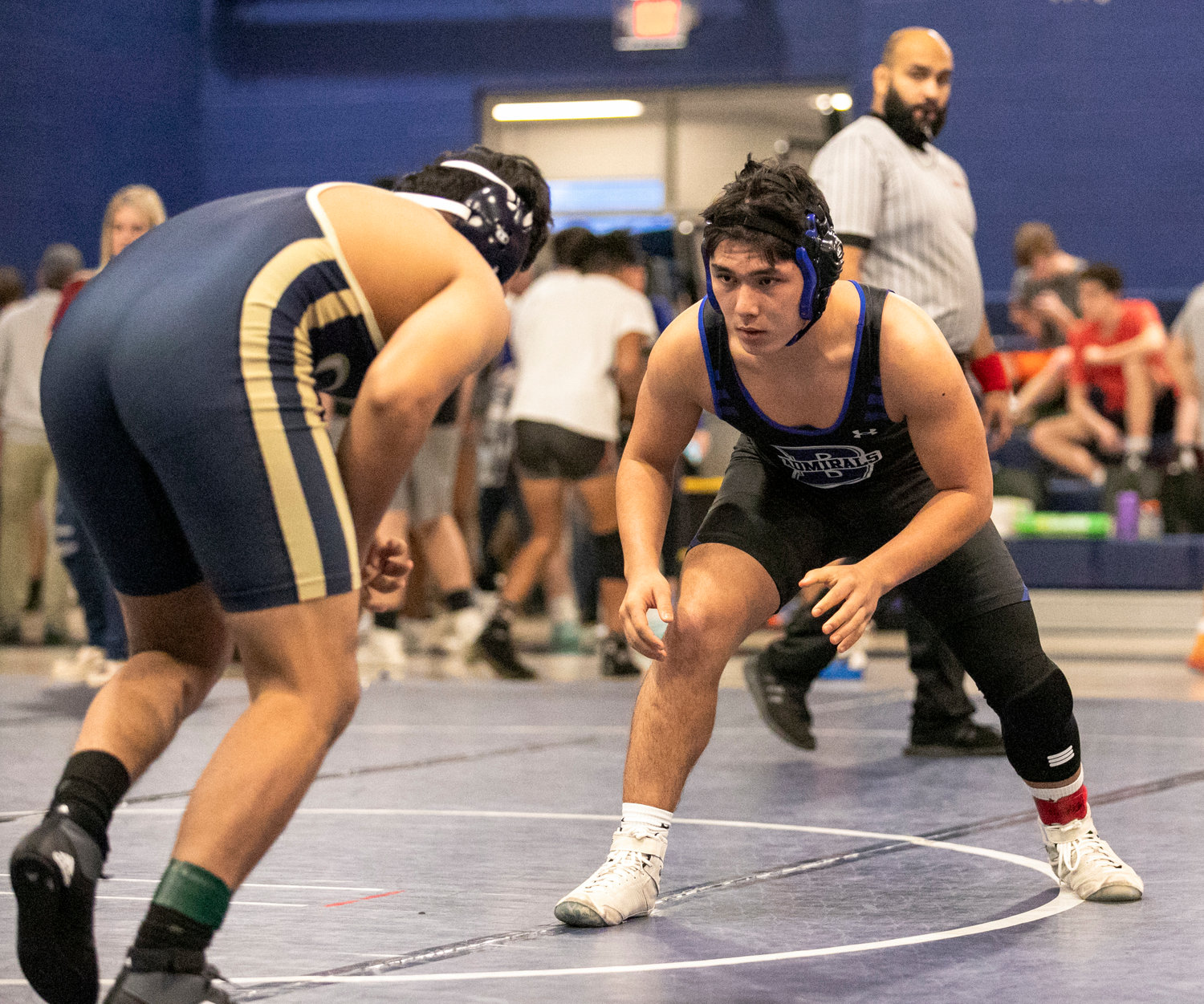Bayside Academy freshman Brennen Yamane squares up Foley’s Moises Lagos in the quarterfinals of the 182-pound class at Friday’s Baldwin County Championship meet in Gulf Shores. Yamane went on to finish third in the class to earn one of three all-county honors for Admiral wrestlers.