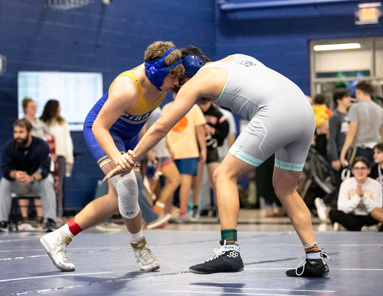 Fairhope’s Jordan Rugg and Gulf Shores’ Lucas Salcedo battle for hand position during the quarterfinals of the 195-pound class during Friday’s Baldwin County Championships at Gulf Shores High School. The Pirates finished with three all-county distinctions.