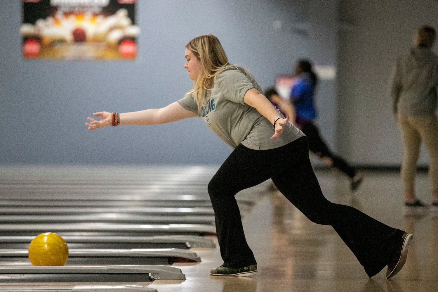 Gulf Shores’ Emily Hinson competes during Thursday’s qualifying round of the South Regional bowling championships at Eastern Shore Lanes in Spanish Fort Thursday, Jan. 19. She helped the Dolphins earn the second seed heading into tomorrow’s single-elimination bracket.