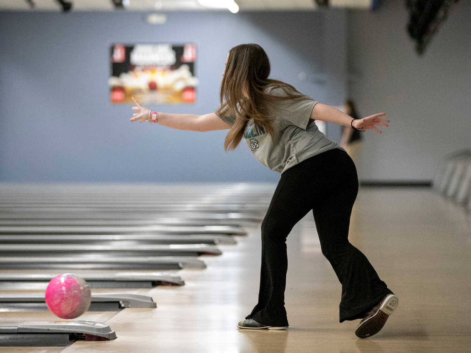 Gulf Shores’ Macy Morgan fires a shot during the South Regional bowling tournament at Spanish Fort’s Eastern Shore Lanes. The Dolphins were one of three local teams to secure a top-four finish at regionals to advance to the state tournament next week in Gadsden.