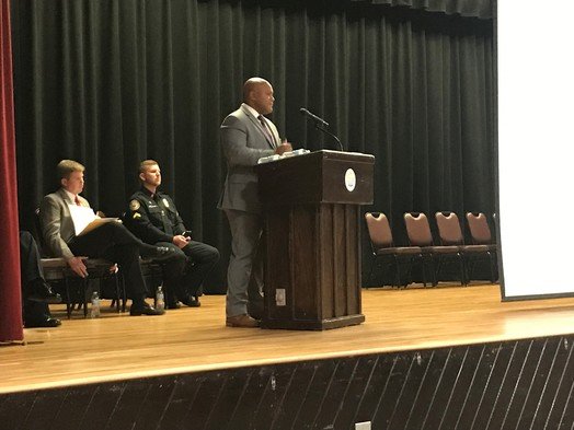 Baldwin County Sheriff's Capt. Andre Reid speaks with audience members during a discussion of the new state law removing some requirements for pistol permits. Under the law, residents do not need a permit to carry a concealed pistol or to have a handgun in their car.