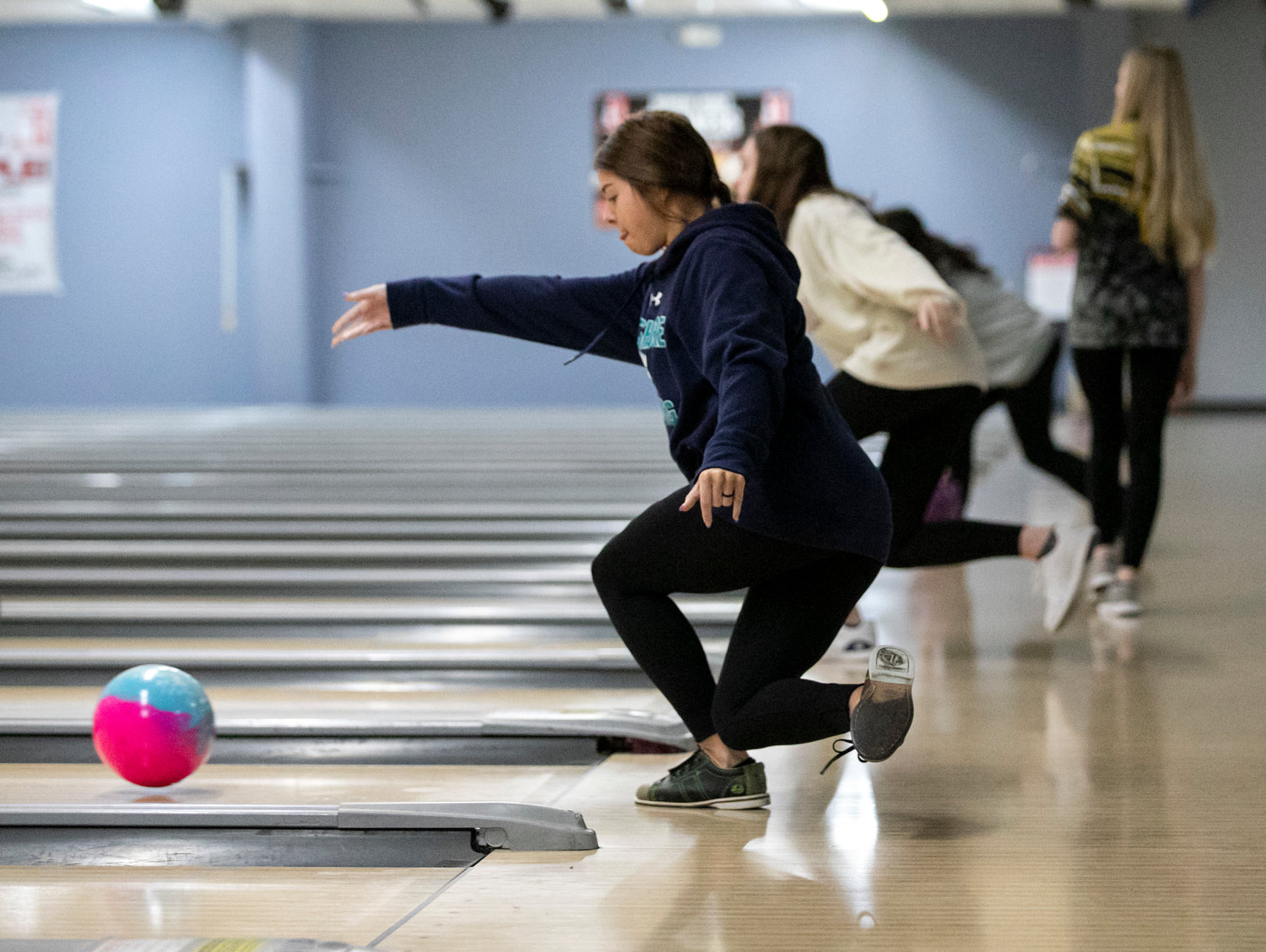 Gulf Shores’ Adriana Venus follows through on a shot during Jan. 19’s qualifying round of the South Regional bowling championships in Spanish Fort. The Dolphins finished their season as state semifinalists after a first-round upset of East Limestone during Friday’s state finals at The Alley in Gadsden.