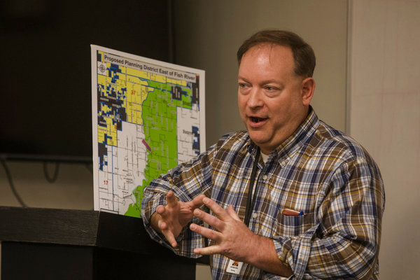 Baldwin County Deputy Planning & Zoning Director Buford King answers questions about the proposed planning district east of Fish River during a information meeting at the Fish River-Marlow fire station in Summerdale on Thursday.