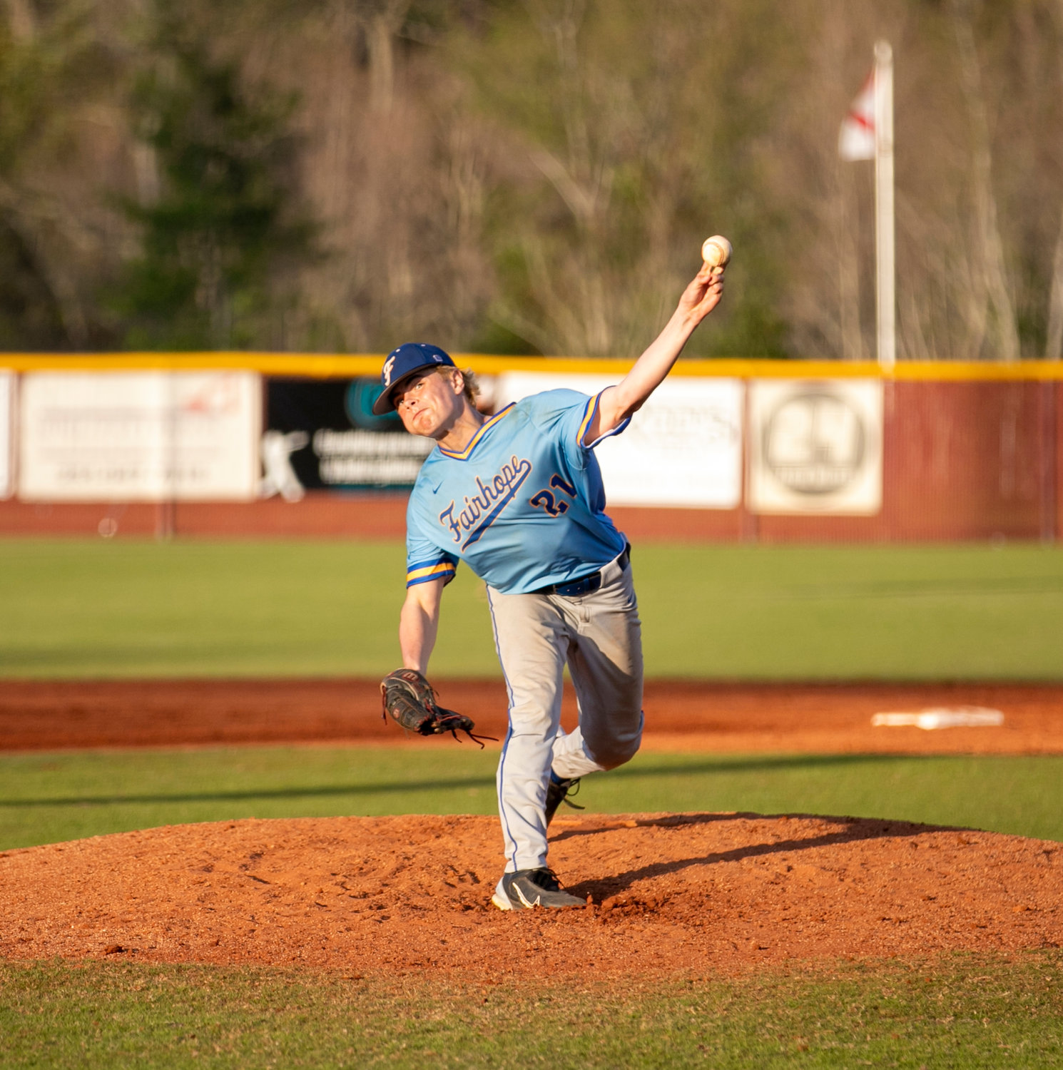 Fairhope’s Jerry McDowell throws a pitch at Robertsdale High School during the PBR South Alabama Showdown Saturday, Feb. 26. The Pirates battled the Golden Bears as part of a 14-team event that converged on the Alabama Gulf Coast this weekend.