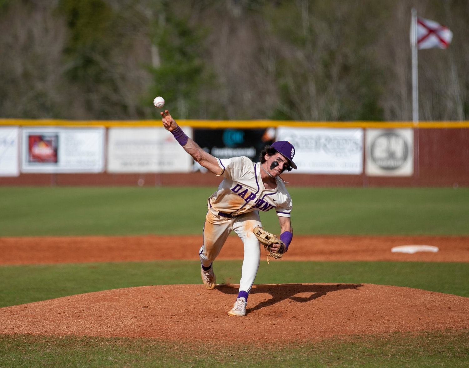 Daphne freshman shortstop and Tennessee commit Steele Hall pitches in relief during the Trojans’ South Alabama Showdown game against the Tuscaloosa County Wildcats at Robertsdale High School Saturday, Feb. 25. After he supplied the go-ahead, two-RBI double in the bottom of the sixth, Hall recorded the save on the mound in the seventh where he topped out throwing 91 mph.