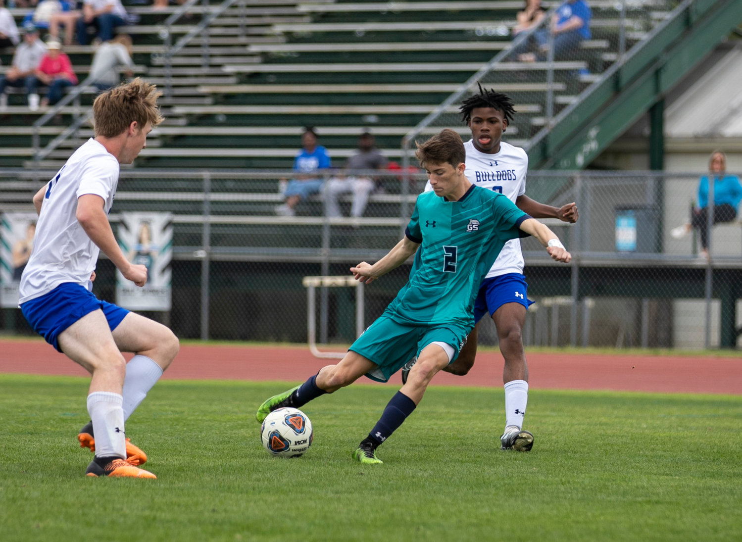 Gulf Shores junior Talan Galvan connects on his first of two goals that helped the Dolphins win their first Island Cup contest Saturday afternoon against the Marbury Bulldogs at the Sportsplex by a 3-1 margin.