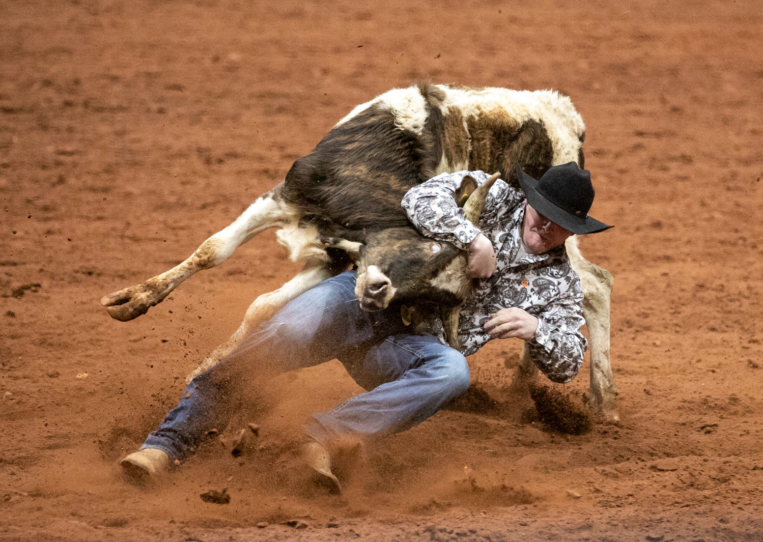 Kyle Cook wrestles a steer to the ground to score points in the Saturday night event as part of the 23rd annual Professional Cowboy Association rodeo at the Baldwin County Coliseum. Hosted by the Robertsdale Rotary Club, the two-night rodeo serves as the season-opening event for PCA’s 2023-2024 campaign.
