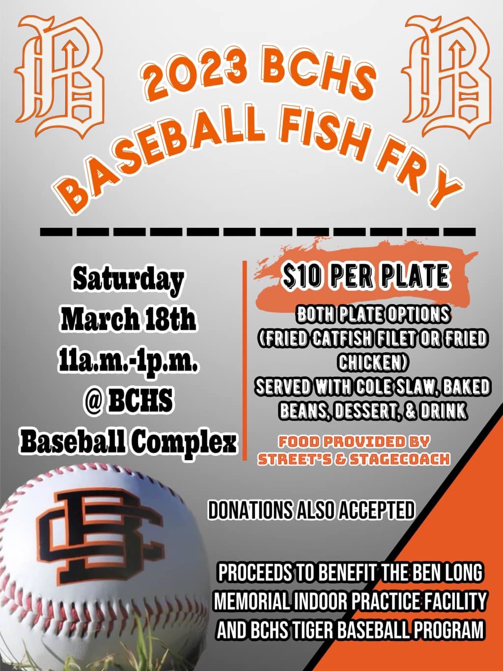 The Baldwin County baseball team is hosting a fish fry this Saturday to benefit the program and the Ben Long Memorial Indoor Practice Facility. Catfish filet or fried chicken plates will be available for $10 and donations will also be accepted.