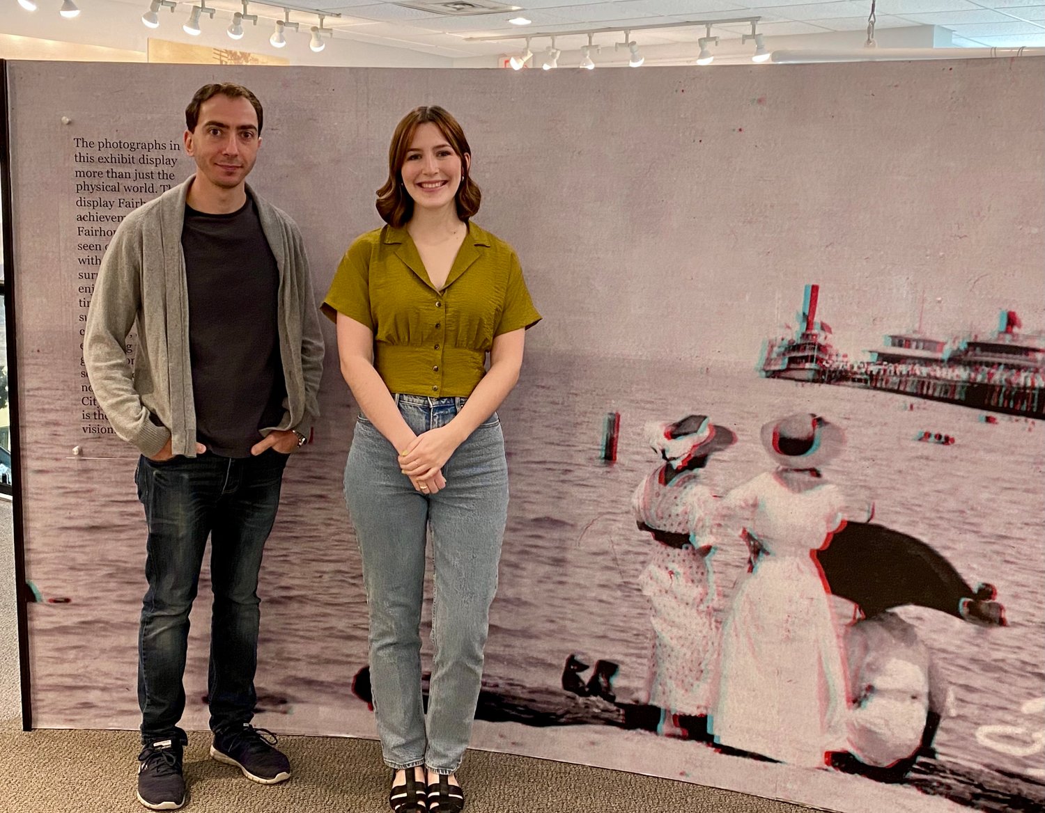 (From left) Gabriel Gold-Vukson, museum director, and Alex Box, museum assistant, stand in front of the largest 3D photo in the "Visions of a Fairhope" exhibit.