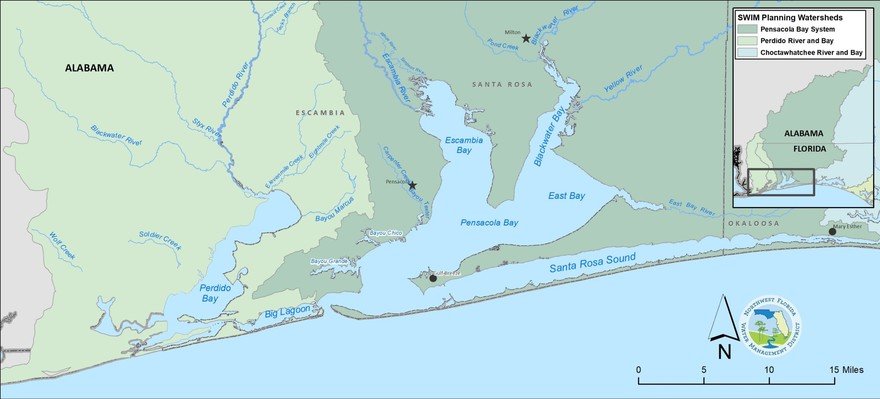 What is the Perdido Bay Watershed?
Perdido Bay alone covers approximately 50 miles, but its entire watershed covers over 1,250 square miles of northwest Florida and southern Alabama. Nearly 70% of the watershed sits in Alabama. Perdido Bay is connected to the Gulf of Mexico through Perdido Pass and the Gulf Intracoastal Waterway. Within Florida, the watershed covers approximately 350 square miles and extends into the Pensacola metropolitan area. Features include the Perdido River and tributaries such as Brushy Creek, Boggy Creek, McDavid Creek and Jacks Branch. Estuarine waters include the main body of Perdido Bay, as well as Tarkiln Bayou, Weekly Bayou, Bayou Garcon, and Bayou Marcus. Public and private conservation lands that help protect water and related resources include state parks, water management lands, and portions of the Gulf Islands National Seashore. The Perdido River, Perdido Bay, their contributing tributaries and component wetlands, floodplains, bayous, bays, and other water and related resources provide numerous functions critical to our quality of life.