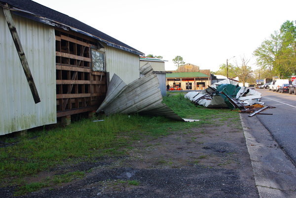 A building on Wilters Street in Robertsdale was damaged by a tornado that struck central Baldwin County just before midnight, Tuesday, March 22, 2022. No Baldwin County injuries were reported in the storm.