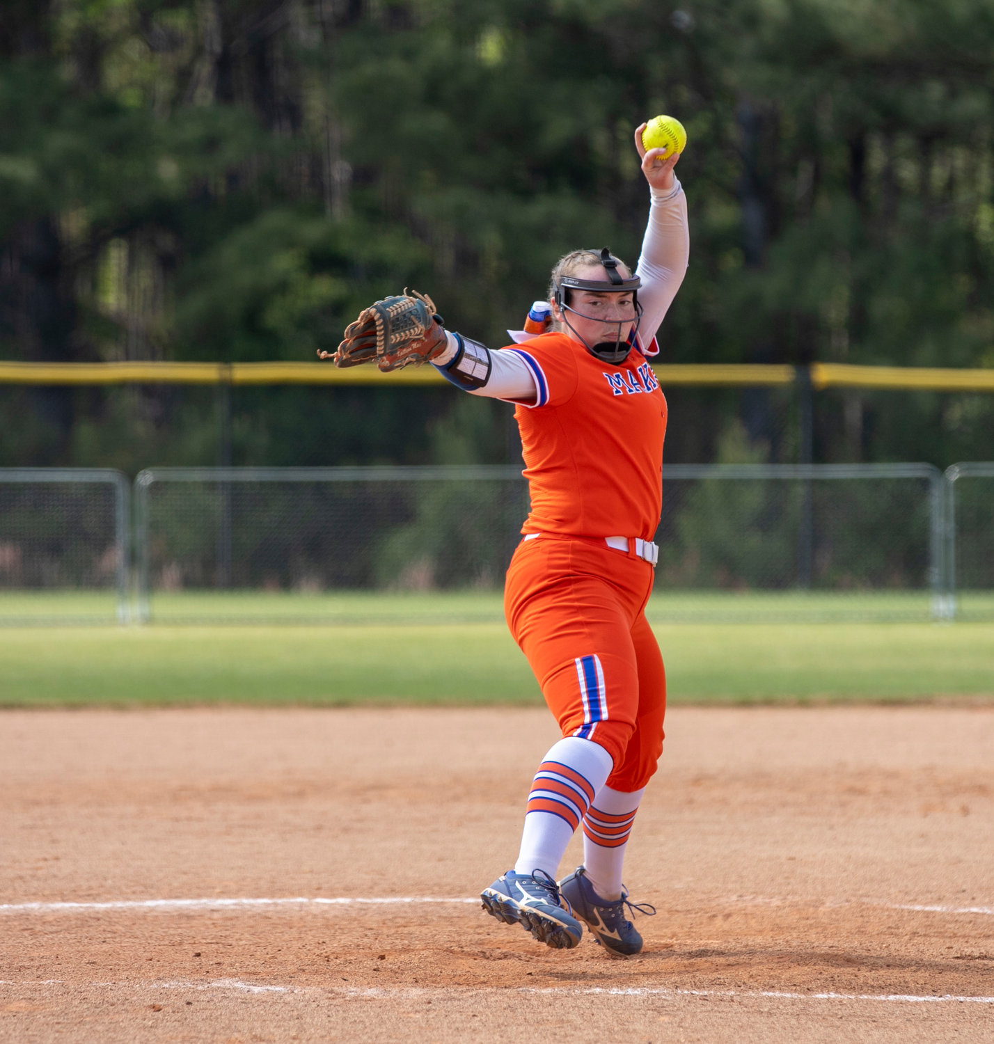 Kaitlynn Robertson winds up a pitch during the Orange Beach Makos’ Gulf Coast Classic contest against Wakulla at the Gulf Shores Sportsplex Tuesday, March 21. Last weekend at the Alex Wilcox Memorial Tournament in Montgomery, Robertson helped Orange Beach to a Gold Bracket championship with a 73% strike percentage and 12 strikeouts compared to no walks in 23 innings pitched.