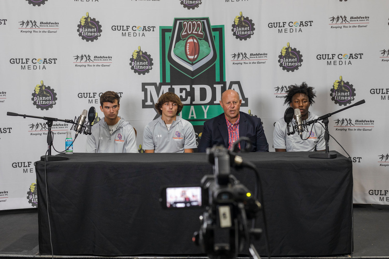The Orange Beach Makos were represented by John Wallace Holladay, Cash Turner, head coach Jamey DuBose and Chris Pearson at the inaugural Gulf Coast Media Day event Aug. 16, 2022, at the Orange Beach Event Center. All three athletes have committed to Division I football programs after Holladay announced his pledge to Troy earlier this week. Turner signed with South Alabama Feb. 1 and Pearson was an early enrollee at Houston after he signed in December.