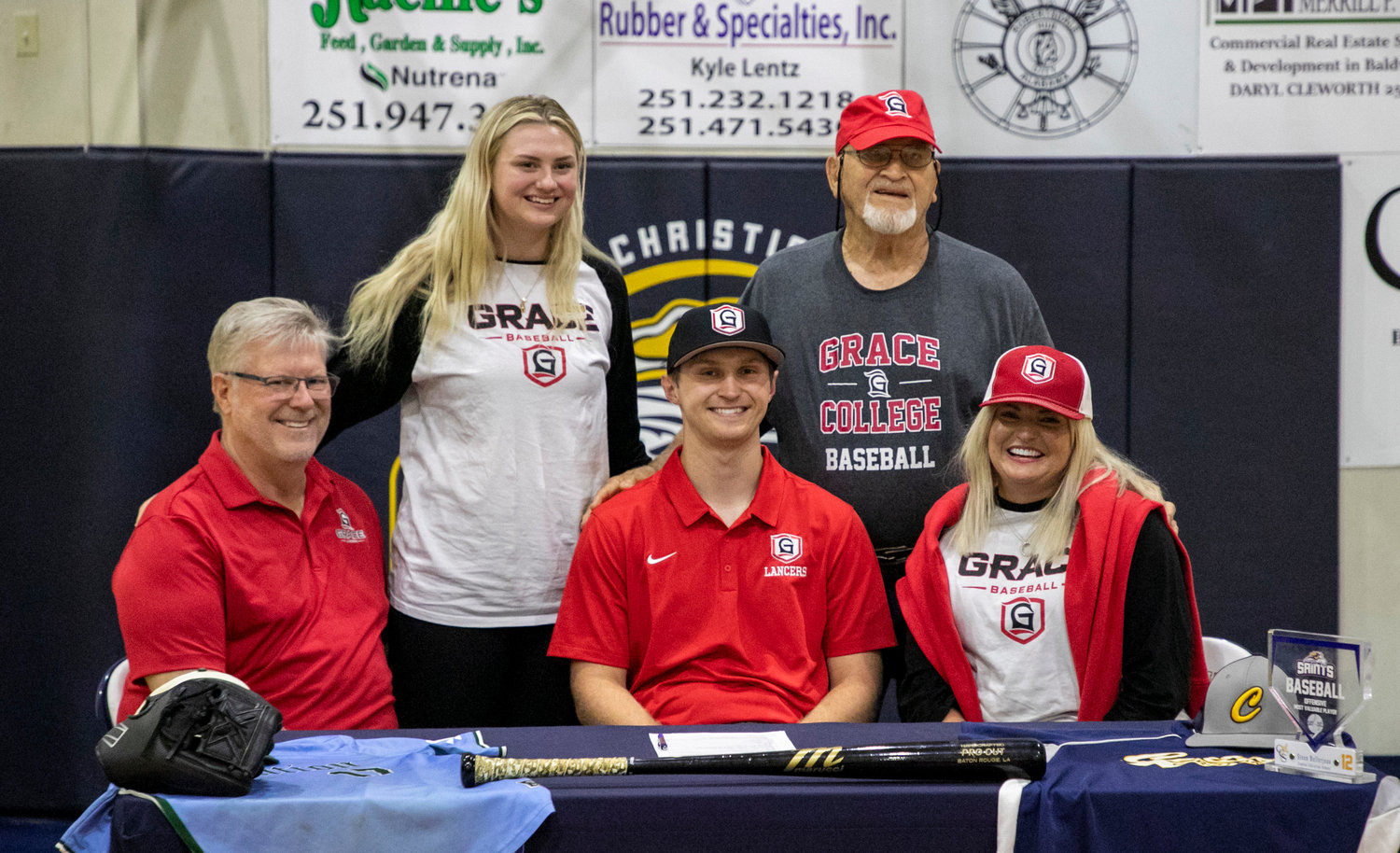 Steen Bellerjeau was joined by family in penning his commitment to the Grace Lancers’ baseball program during a ceremony Monday, April 10, at Central Christian School in Robertsdale. So far this season, Bellerjeau has collected a .613 batting average with 19 RBIs to complement a 1.75 ERA with 37 strikeouts in 16 innings pitched.
