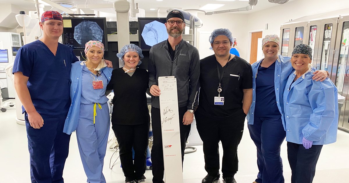 The groundbreaking heart procedure was performed by Cardio-Thoracic and Vascular Surgical Associates physicians Cullen McCarthy, MD, vascular surgeon, and Kareem Bedeir, MD, cardio-thoracic surgeon, and the cath lab team at Mobile Infirmary.