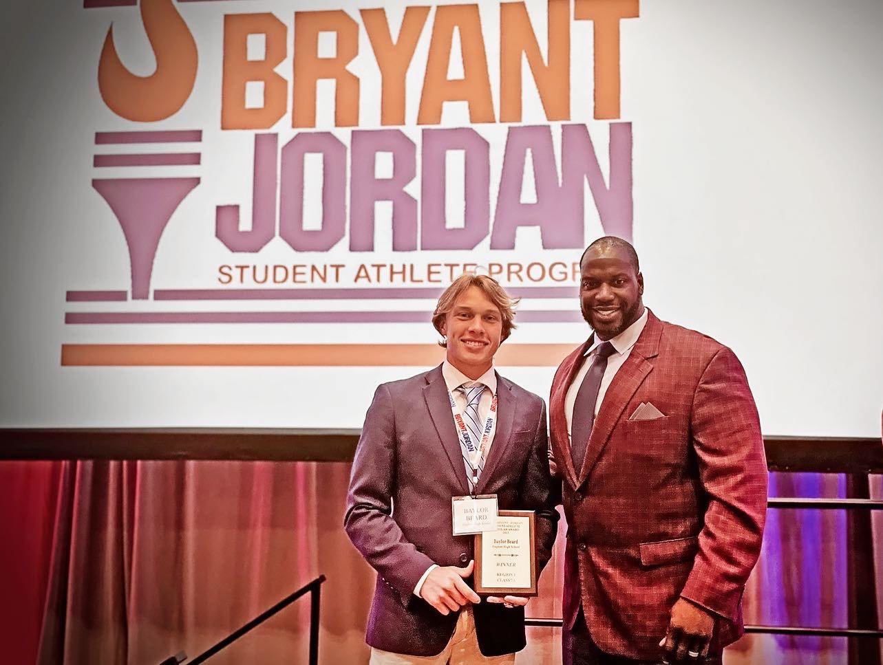 Baylor Beard and Kenny King represented the Daphne Trojans at the 38th annual Bryant-Jordan Awards Banquet Monday, April 10, in Birmingham where Beard was named the Class 7A Region 1 scholar-athlete winner of a $3,000 scholarship from the Bryant-Jordan Program. He was one of two student-athletes from Baldwin County who was recognized, joining Robertsdale’s Mecca Yost-Nicely.