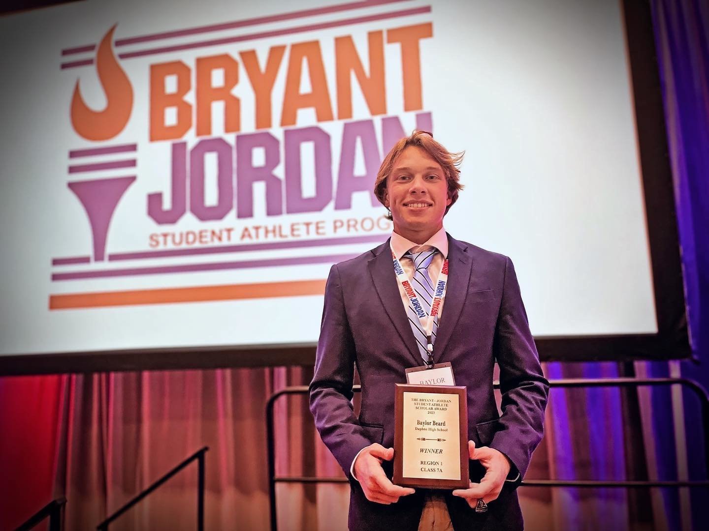 Daphne senior Baylor Beard, an all-county football and soccer player, was recognized as a regional winner of a $3,000 scholarship at the 38th annual Bryant-Jordan Awards Banquet Monday, April 10, in Birmingham. Last spring, Beard was part of the Trojans’ first state-championship soccer team with a 16-1 overall record.