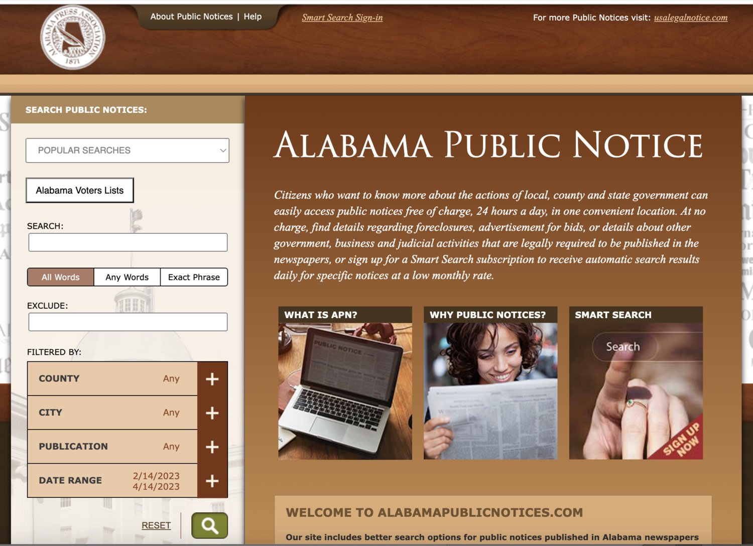 Public notices can be searched statewide at AlabamaPublicNotices.com