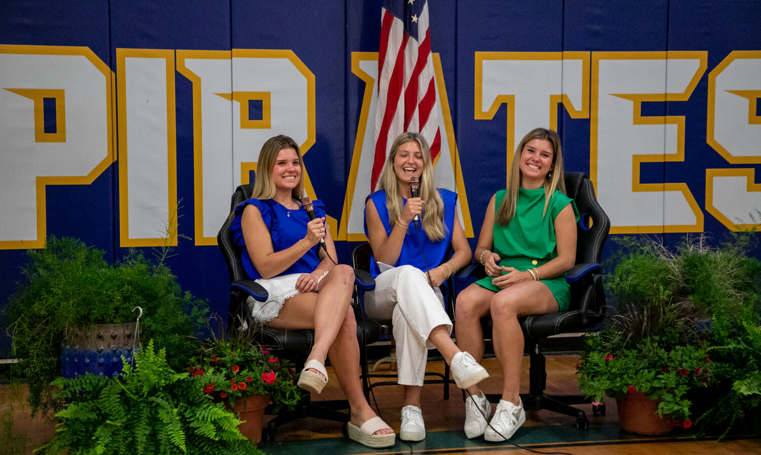 Twins Addison and Emily Smith take their turn in the hot seat on Pirate Nation Live after Monday’s signing ceremony at Fairhope High School. The pair of Pirate soccer players will join the West Florida Argonauts team after graduation.