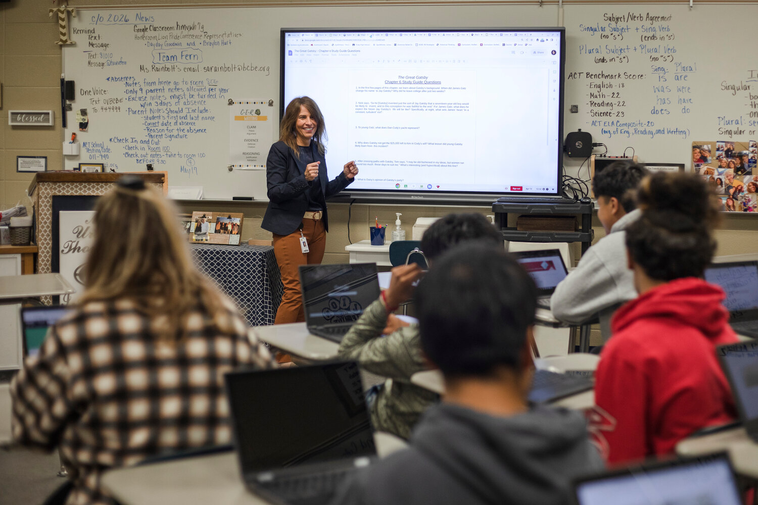 Ursula Thompson, Foley High School English teacher, works with her students recently. Thompson has been named Teacher of the Year for Baldwin County School System.