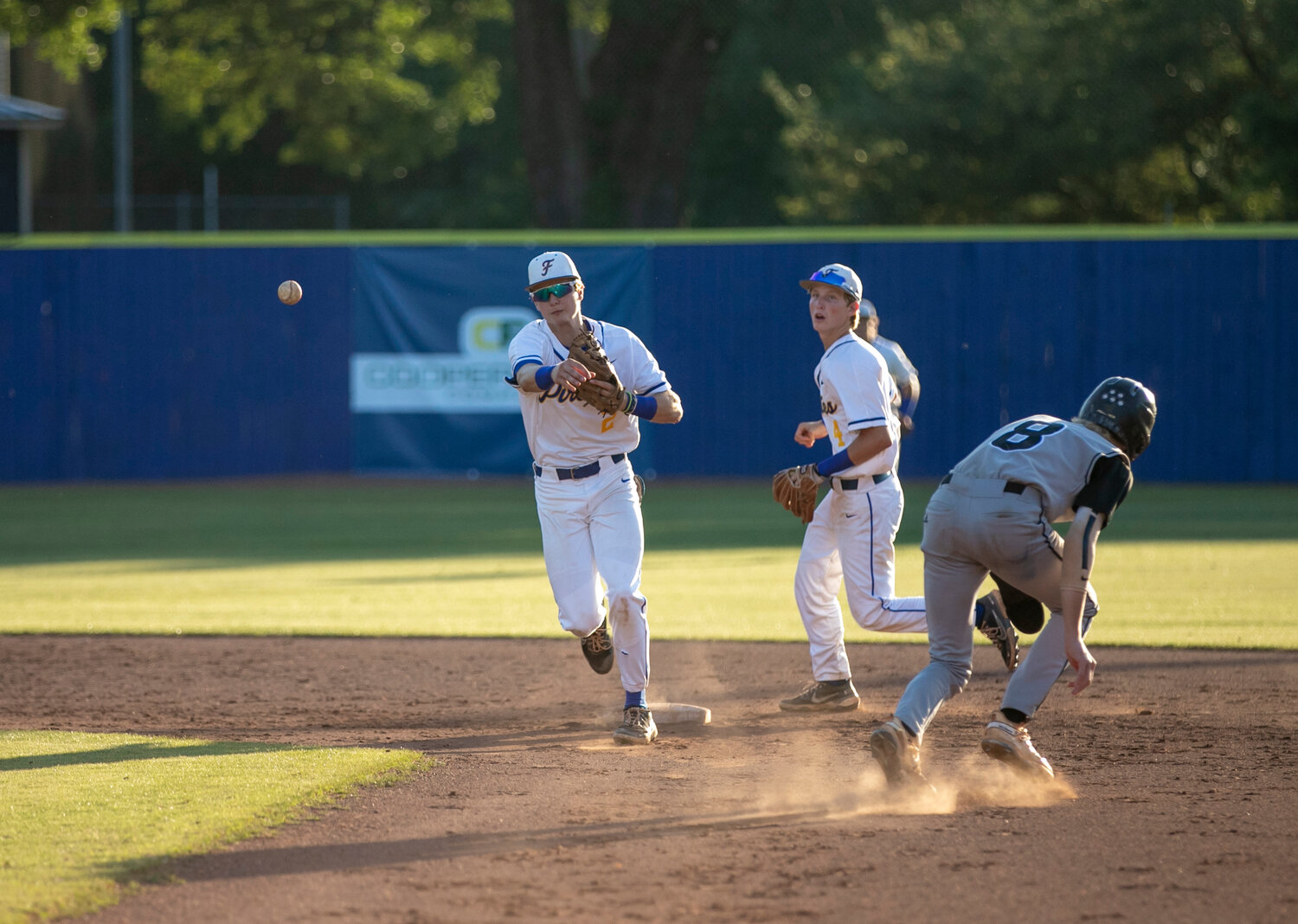 After Fairhope senior Ben Moseley stepped on second for the first out, he threw onto first for the second out of a double play during the Pirates’ second-round series against the Smiths Station Panthers at home Friday, April 28.