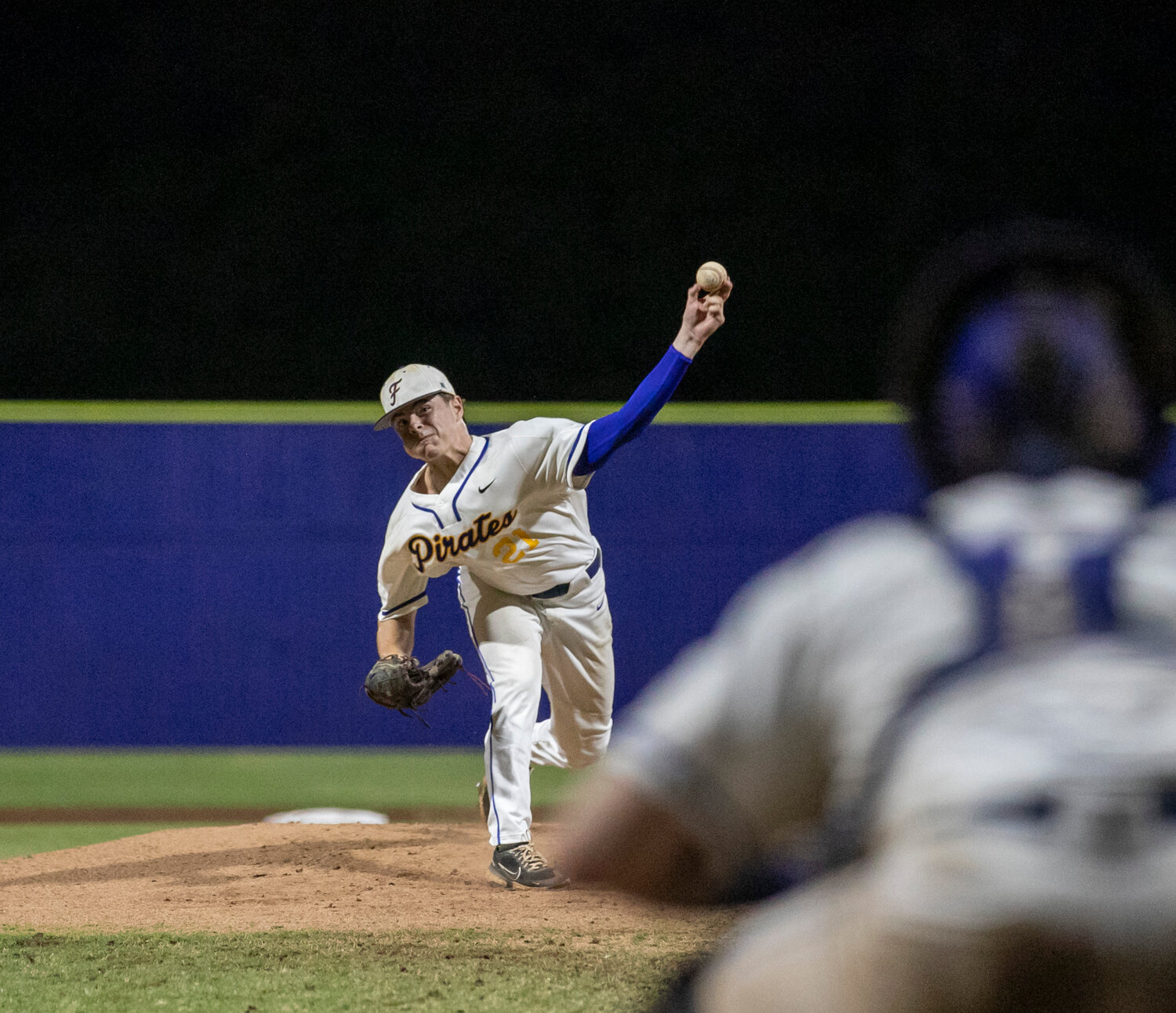 Pirate sophomore Jerry McDowell fires a pitch during his start in Game 2 of Fairhope’s home series against the Smiths Station Panthers to open the postseason Friday, April 28.