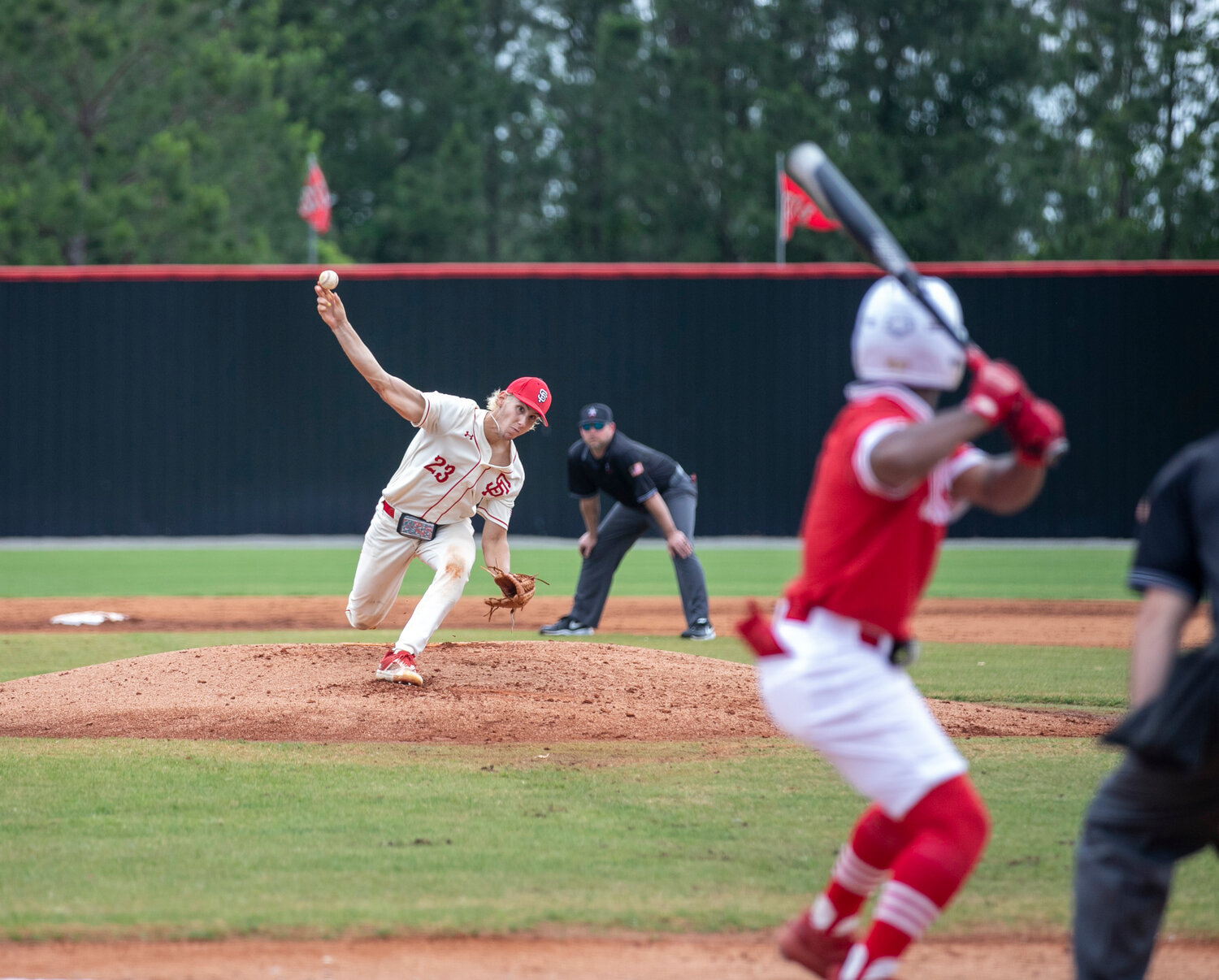 Toro senior DJ Eurgil fires a pitch during the first inning of his start against Saraland in the AHSAA state quarterfinals Saturday, May 6. Eurgil provided the walk-off hit in extra innings of Game 2 Thursday night to extend Spanish Fort’s postseason.