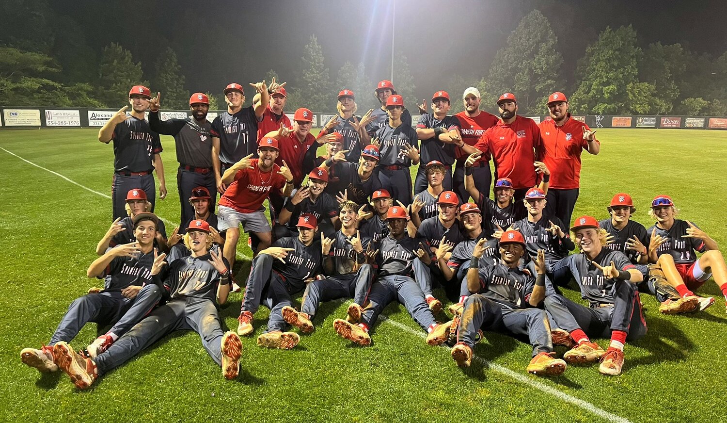 The Spanish Fort Toros celebrate their championship berth following a 9-6 win in Game 3 of the Class 6A state semifinal series against the Stanhope Elmore Mustangs Thursday, May 11. Spanish Fort was set to take on Oxford in its first trip to the championship series since 2014.